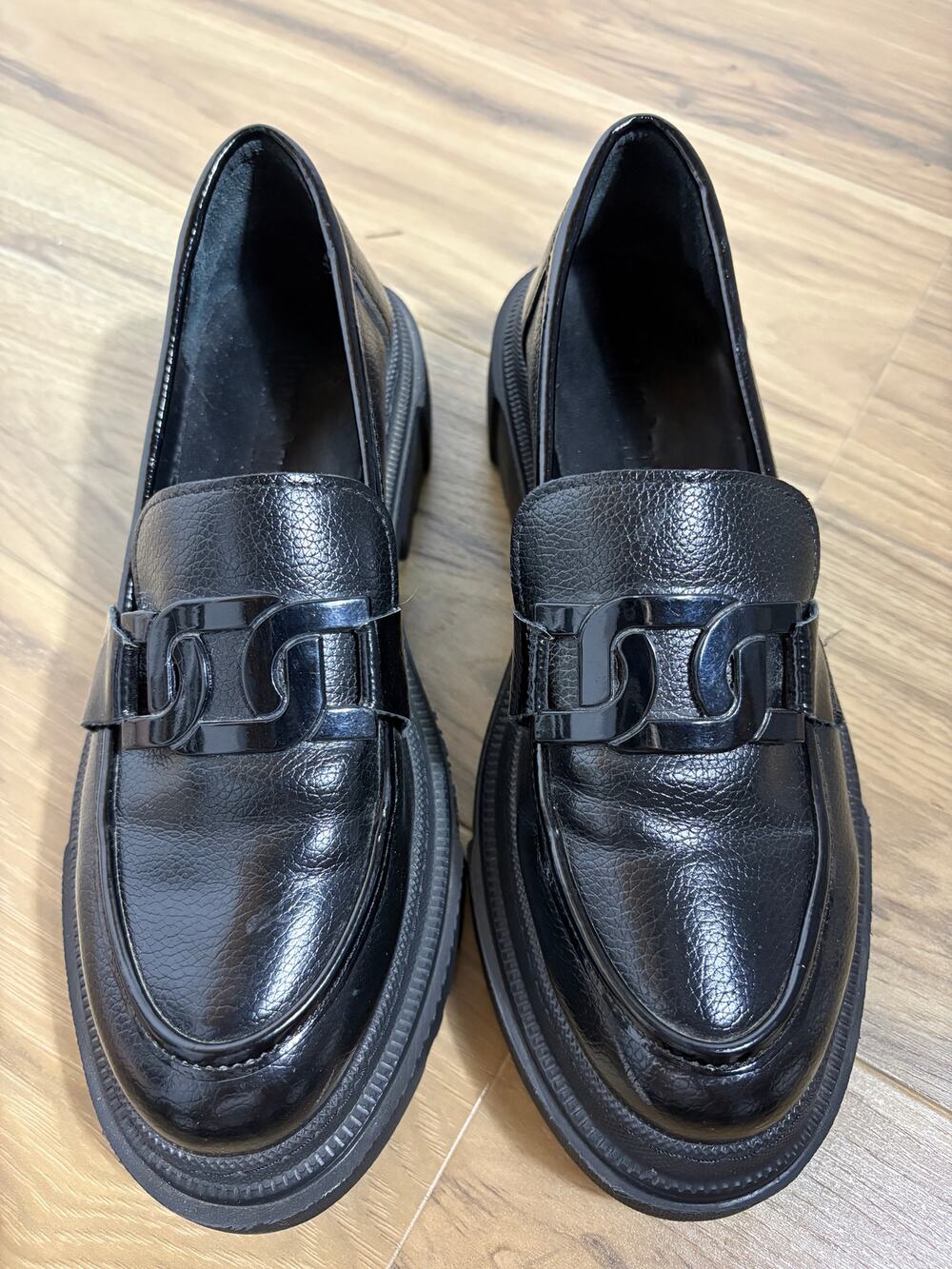 MARCO BELLINI WOMEN 38 BLACK CHUNKY PLATFORM LUUG LOAFERS CHAIN HARDWARE